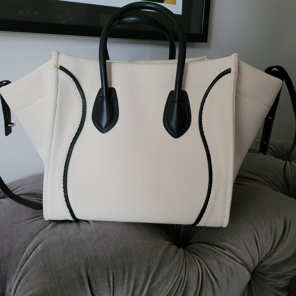 CELINE White Canvas And Black Leather trim Phantom Medium Tote Bag. - Picture 3 of 16